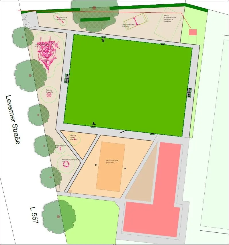 Farbiger Lageplan des Spielplatzes an der Leverner Straße mit der grün markierten Spielfläche und dem Kleinspielfeld