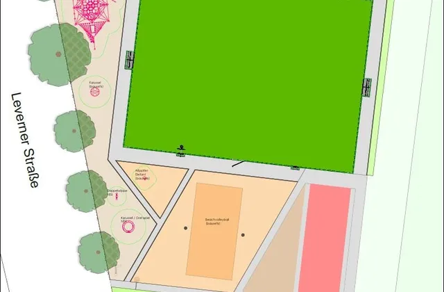 Farbiger Lageplan des Spielplatzes an der Leverner Straße mit der grün markierten Spielfläche und dem Kleinspielfeld