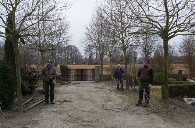 Drei Männer mit Werkzeug auf dem Weg der Friedhofsallee zwischen kahlen Bäumen