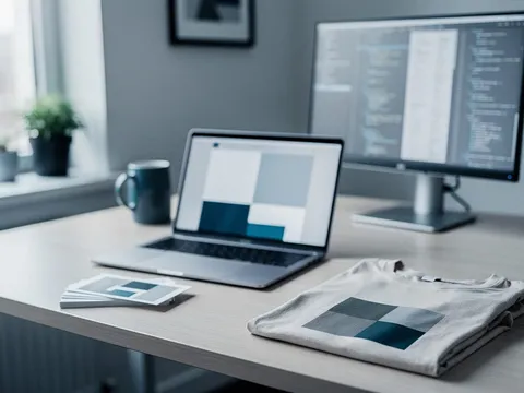 Ein Schreibtisch mit aufgeklapptem Laptop, einem Monitor mit Programmcode, Kaffeetasse und einem zusammengelegten T-Shirt