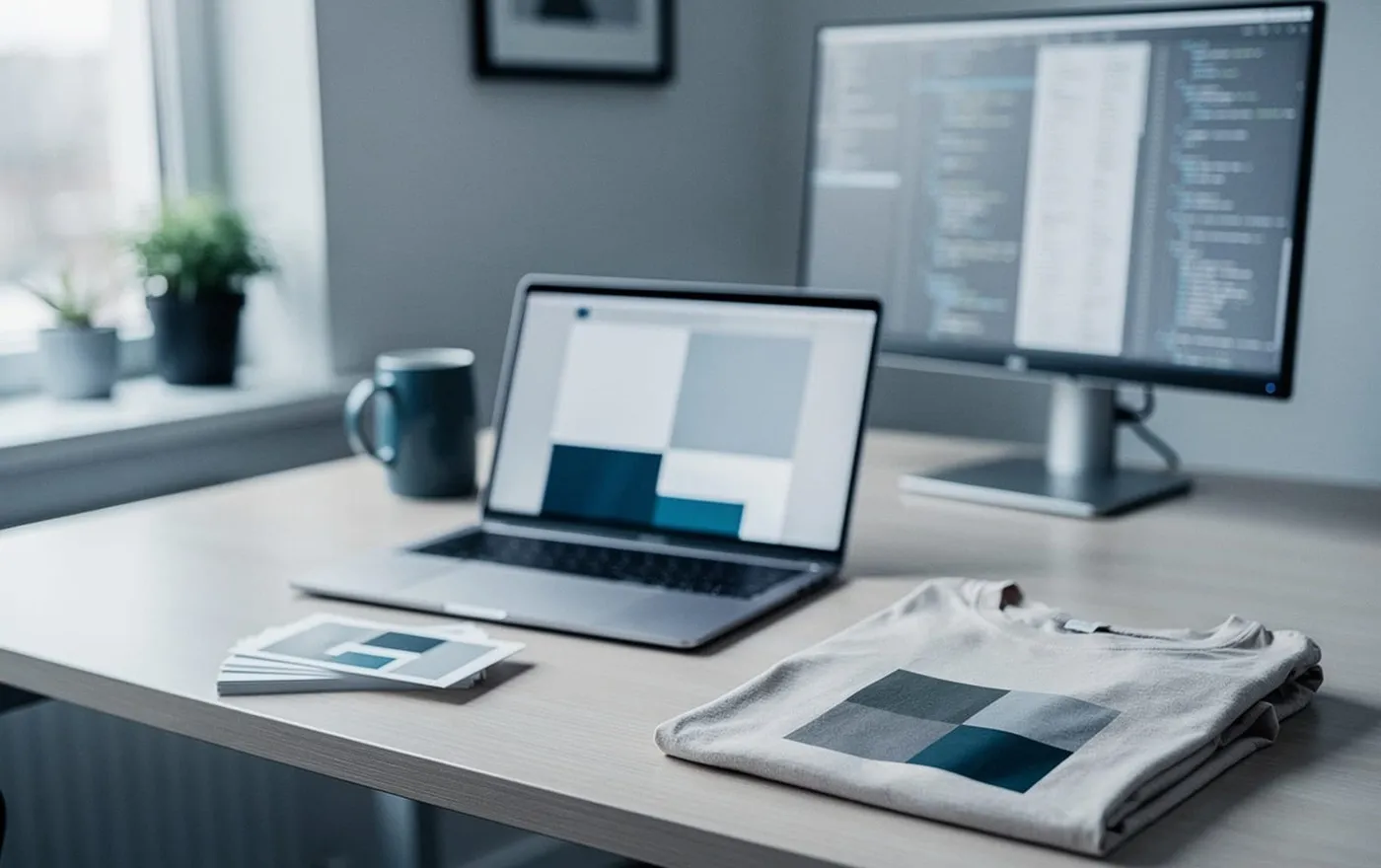 Ein Schreibtisch mit aufgeklapptem Laptop, einem Monitor mit Programmcode, Kaffeetasse und einem zusammengelegten T-Shirt